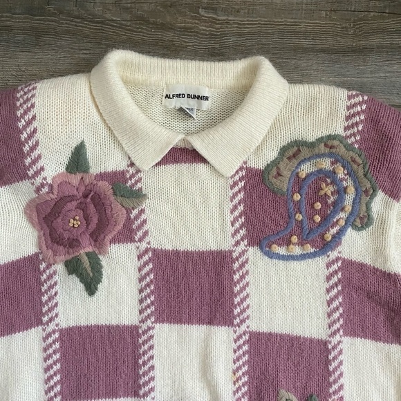 Vintage Floral Embroidered Argyle Collar Sweater M - Picture 2 of 8